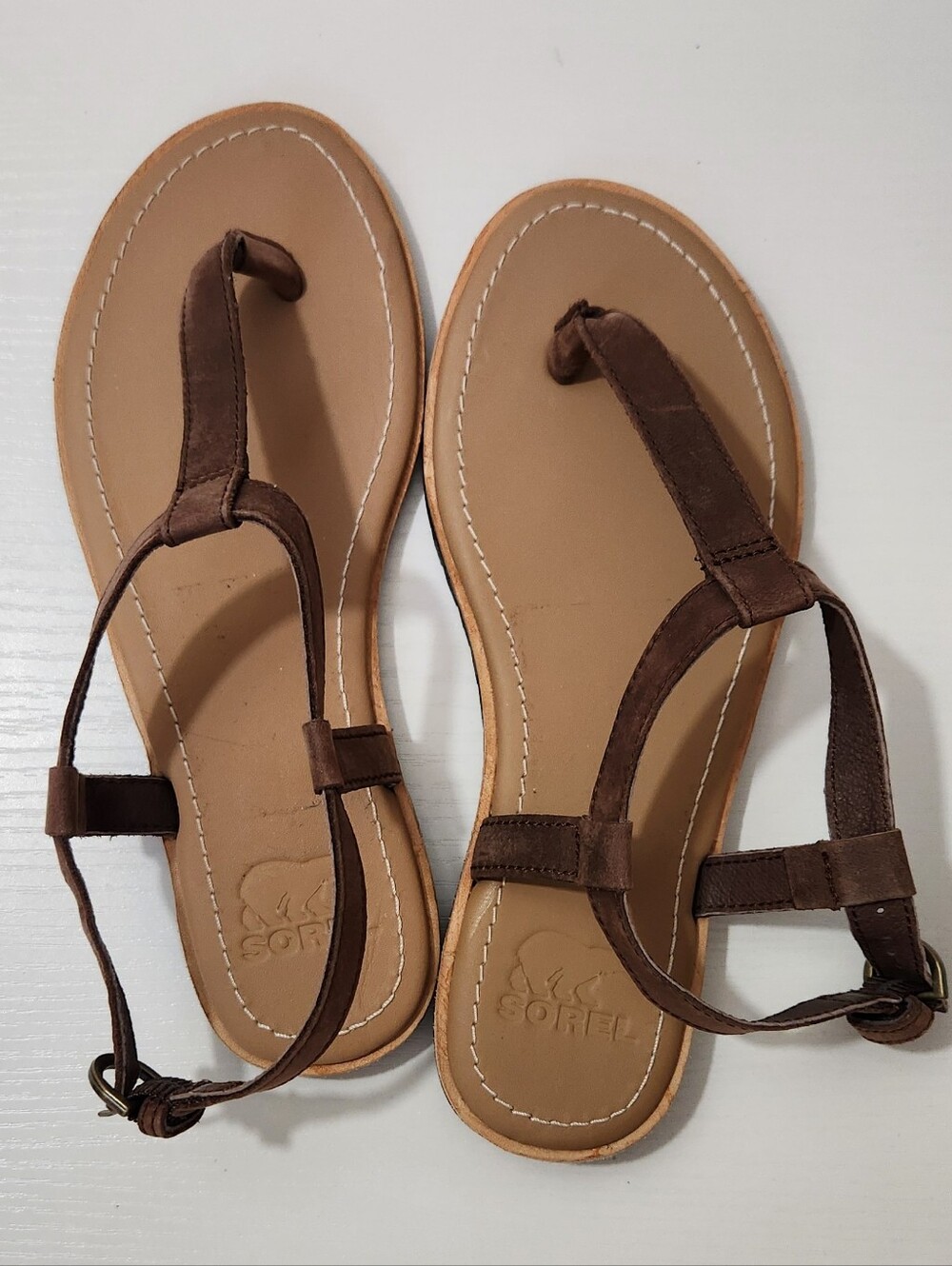 Sorel Brown Leather T-Strap Sandals